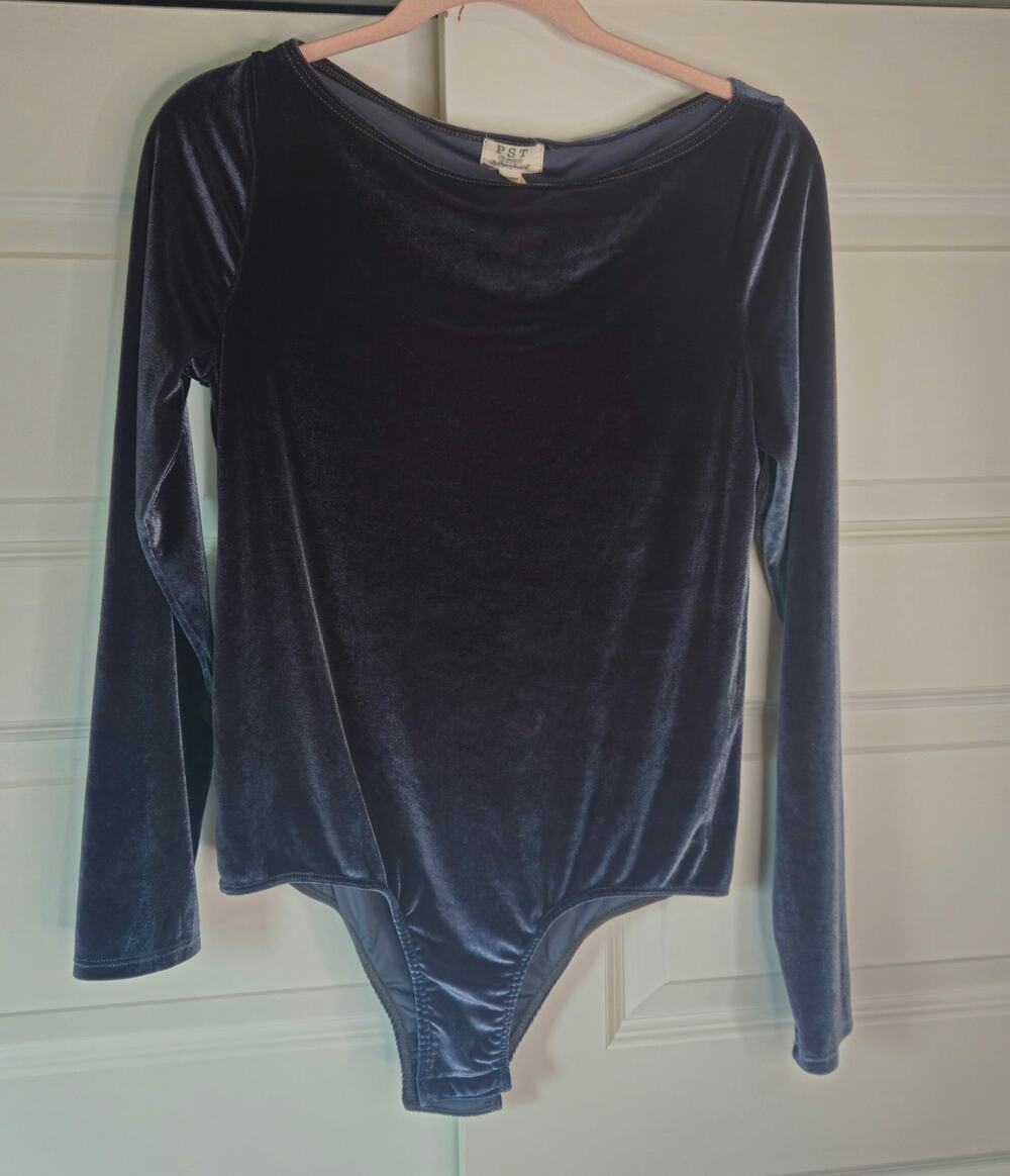 PST Velvet Boatneck Long Sleeve Bodysuit Top Blue Small